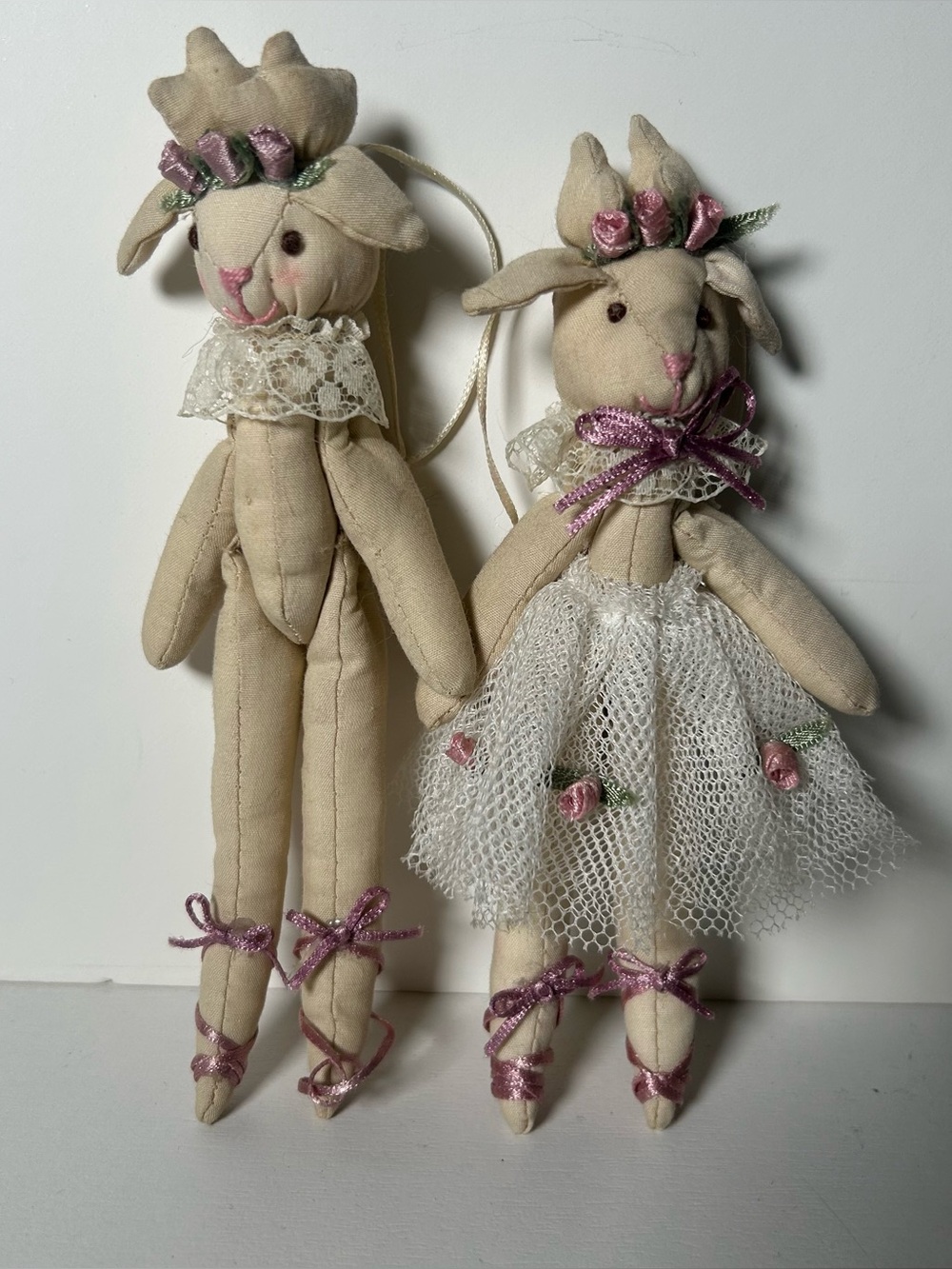 Vintage Ballerina Bunny Rabbit Ornaments Pair Handmade Cottagecore Shabby Chic